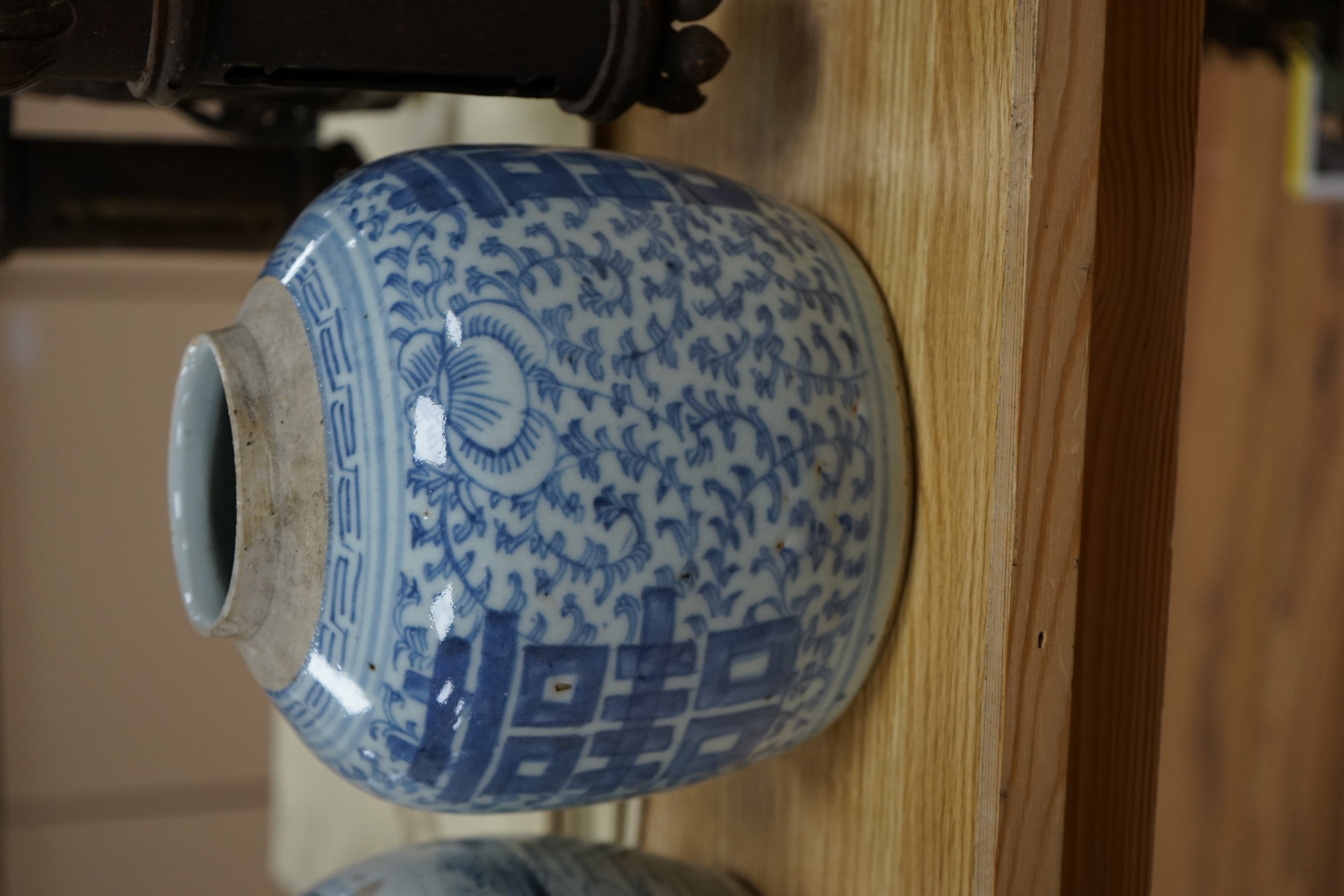 A Chinese blue and white rouleau vase and two jars, 19th century and later, 38cm